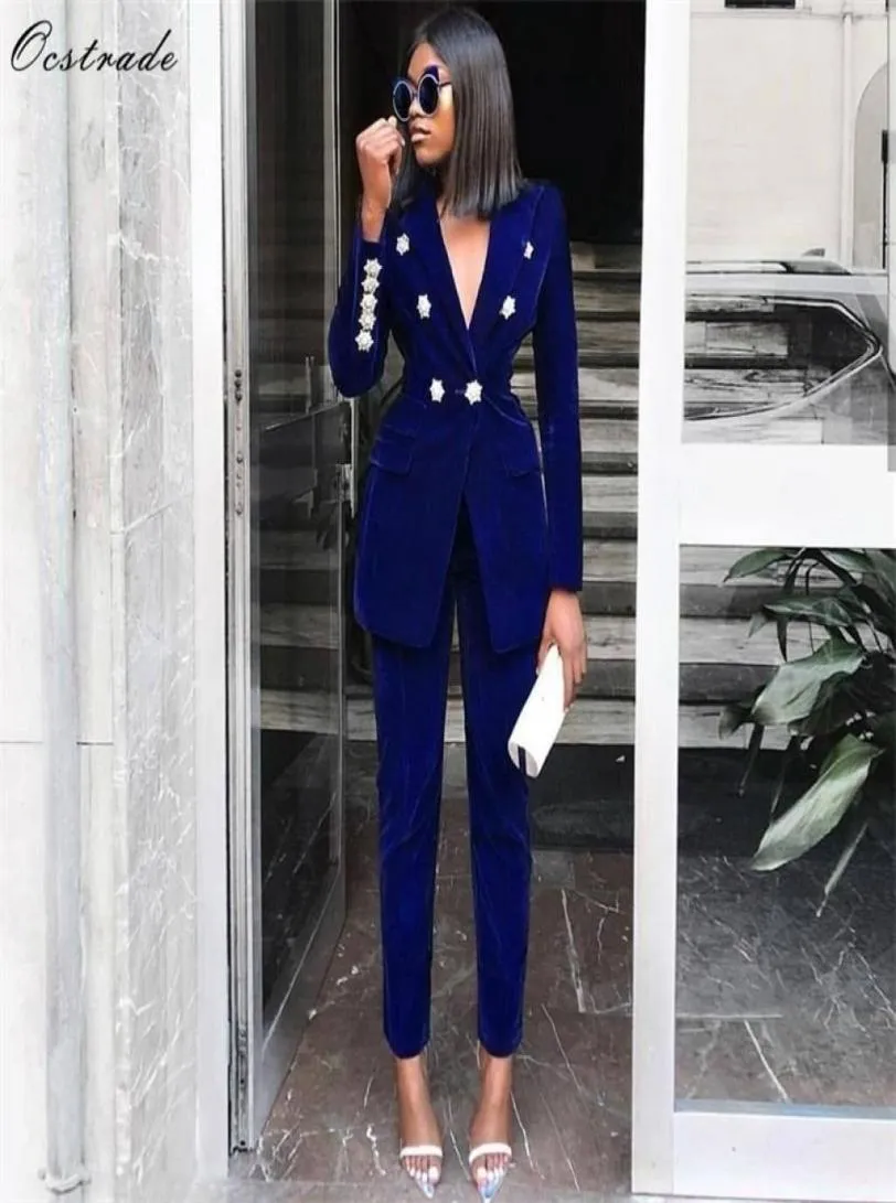 OCSTRADE Summer Set for Women Navy Blue V Neck Long Sleeve Sexy 2 Piece Outfits High Quality Two Suit 2203126127464