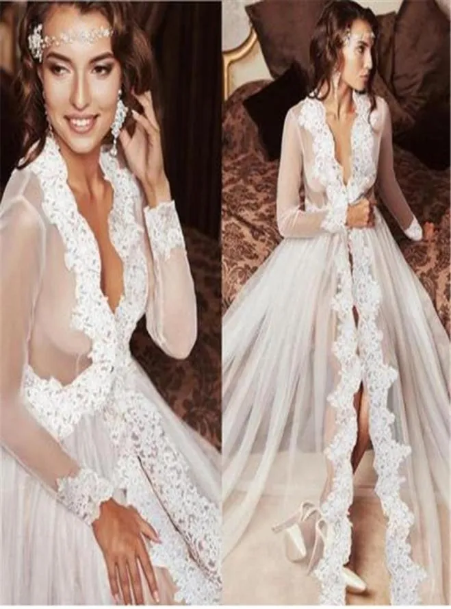 Casual Dresses 2021 Sexig Deep Vneck Women Long Dress Fashion Lace Sheer Mesh Sleeves Ladies See Through White Wedding Vestido6040627