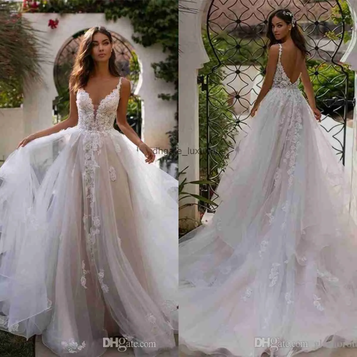 BERTA 2020 Abiti da sposa Spaghetti Cinghie Appliques in pizzo APPLICE BOHIAMAN BACCHI BASCHI