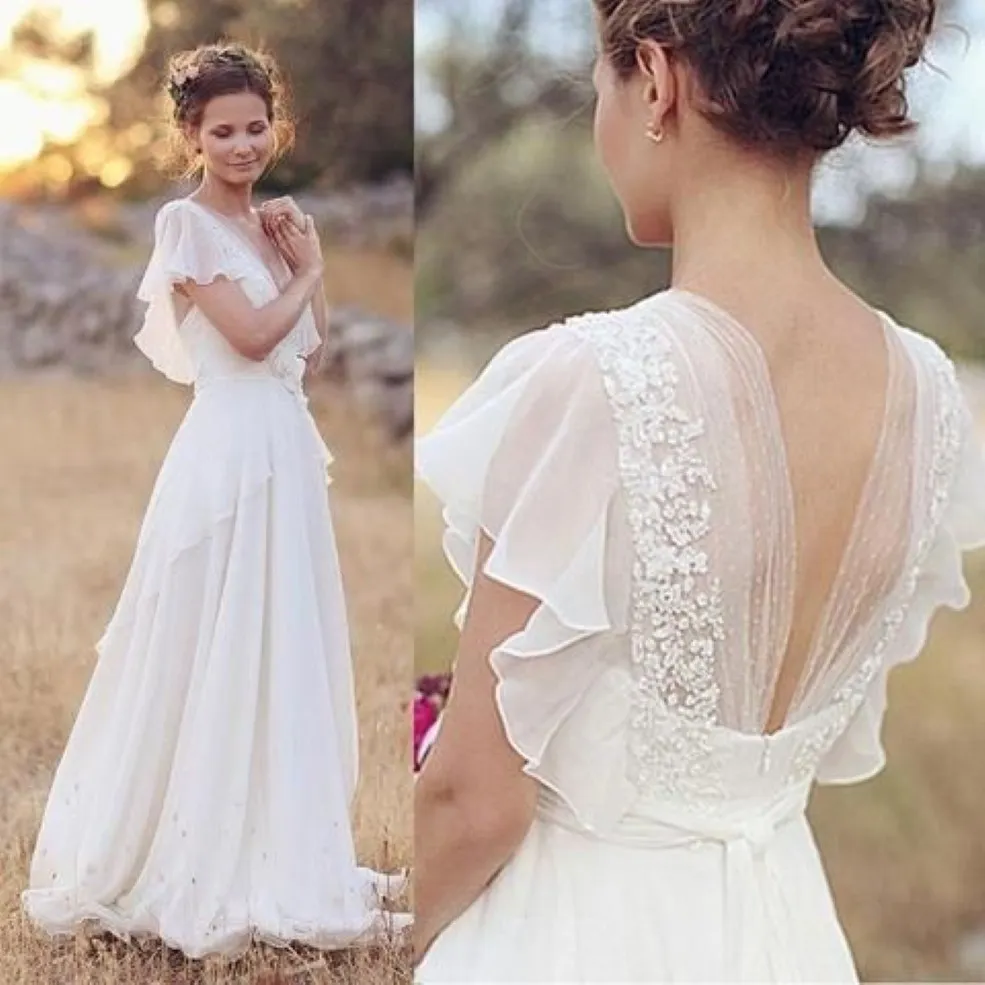 Summer Chiffon A-line Boho Wedding Dresses With Flutter Sleeves Sexy Deep V Neck Short Train Informal Reception Gown Rehearsal Dinner 261y