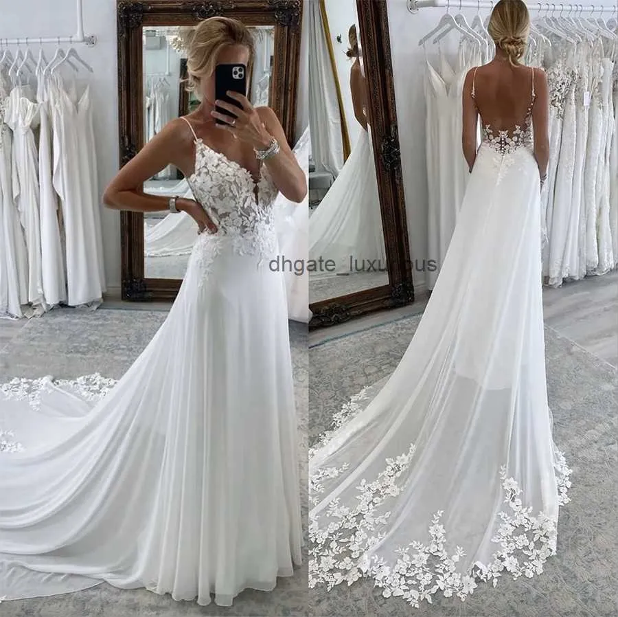 Boho Lace A Line Wedding Dresses cinghie Appliques senza schienale Appliques Sweep Designer Designer Mare da sposa abiti da sposa