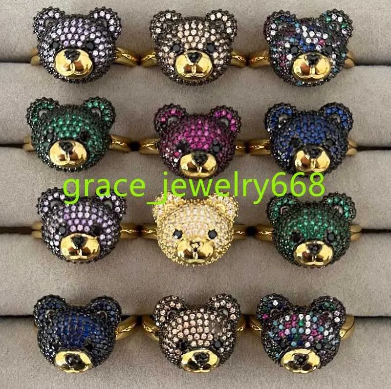Zirkon Lovely Cute Brass Gold Silvery Bear Emerald Rings For Women Girl Populaire trendy sieraden Verstelbaar schattige multolour