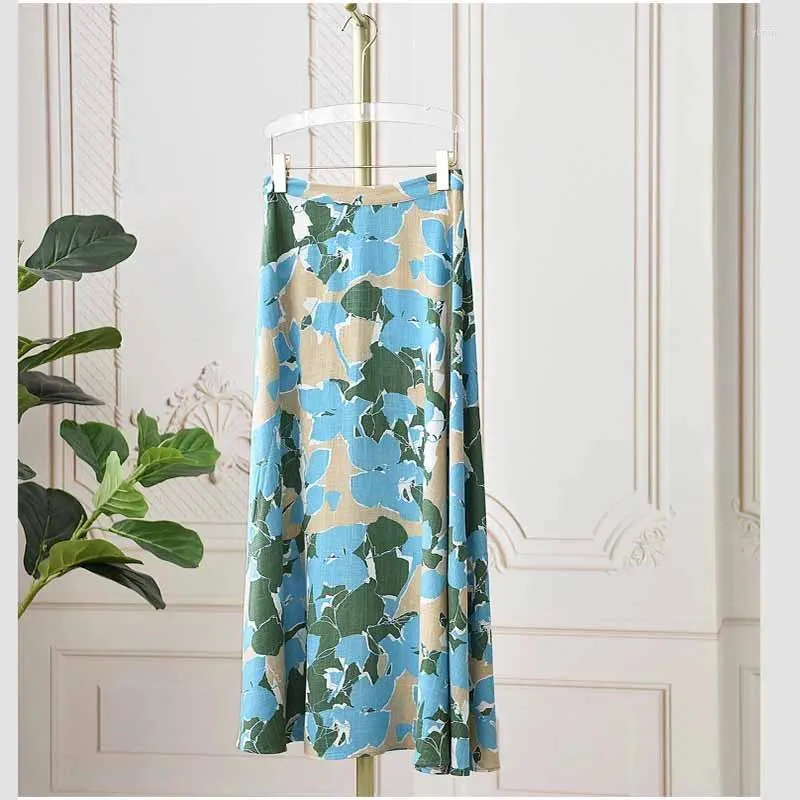 Jupes en lin imprimé demi-jupe pour femmes printemps / été mince a-line grand ourlet long polyvalent polyvalent