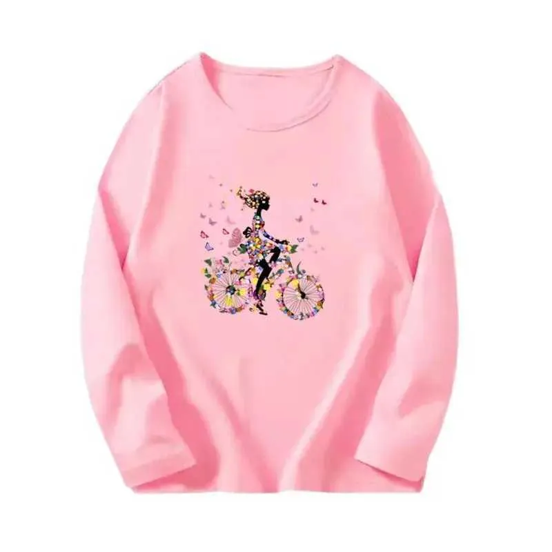 T-Shirts 3-14y Girls Pink Sweet T-Shirt Girls Herbst Langarm T-Shirt Childrens T-Shirt Top niedes Fahrrad Grafik T-Shirtl240509