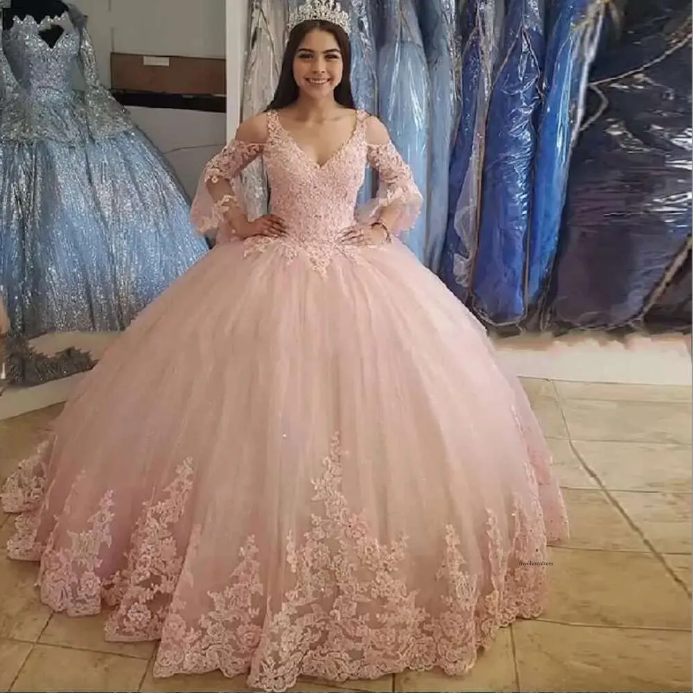 Princess Ball Gown Quinceanera Dresses Pink Lace Up Appliques Sweet 16 Dress For 15 Years Prom Party Pageant Gowns Custom Beads V Neck Off Shoulder 0509