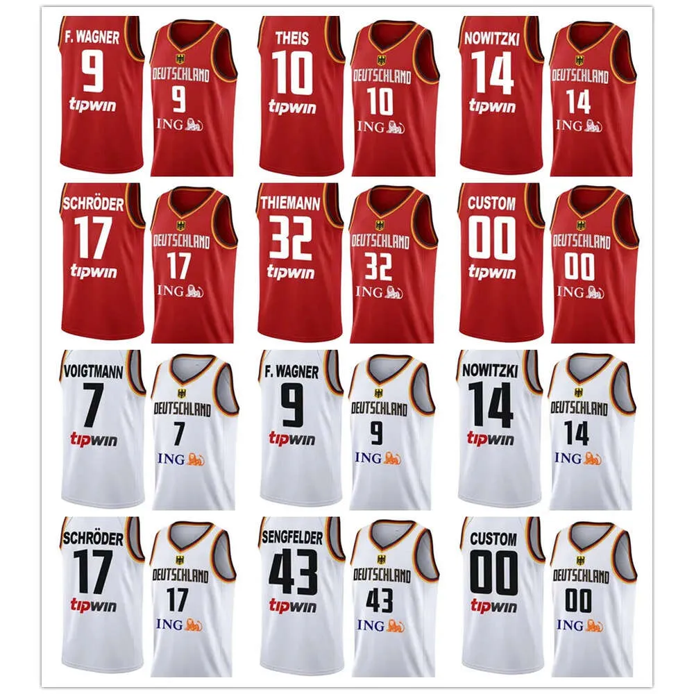 Printed Germany Basketball Jersey 2023 World Cup 17 Dennis Schroder 42 Andreas Obst 32 Johannes Thiemann 4 Maodo Lo 10 POWER FORWARD National Team Red White Shirt