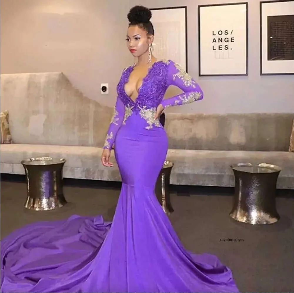 Africa Black Girl Purple Prom Vestres 2023 Sexy Deep V pescoço Apliques de renda de pescoço vestido de mangas longas de mangas compridas 0509