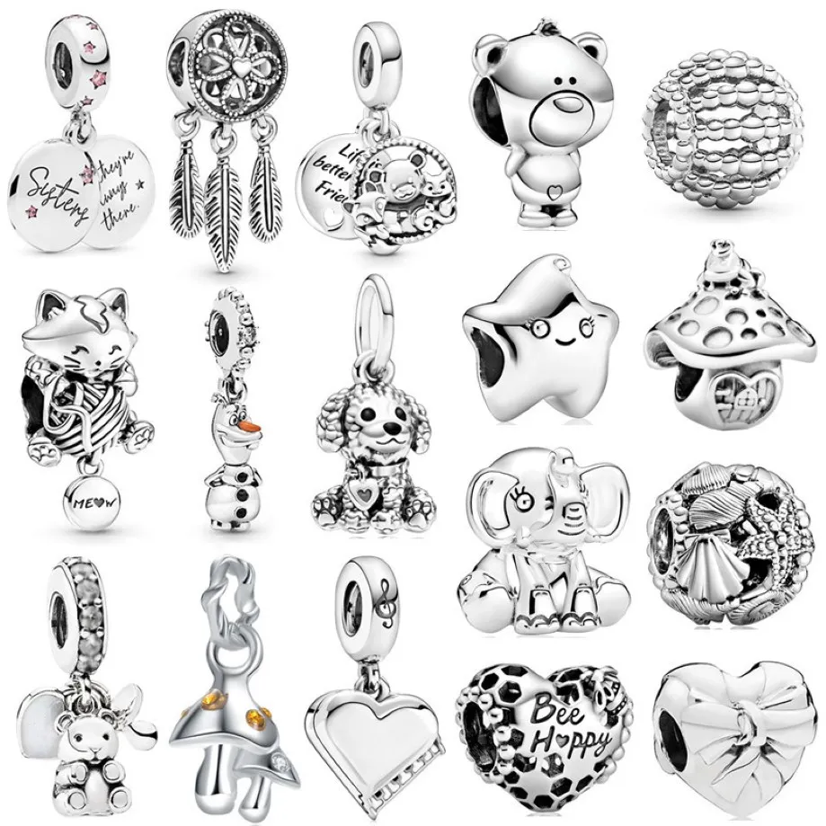 Populära 925 Sterling Silver Cute Silver Star Cat Elephant Mushroom Pendant för Original Pandora Charm Armband Ladies Jewely 285b