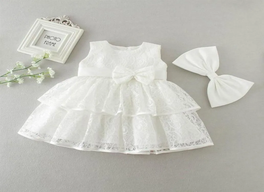 3 till 24 månader Baby Flower Girl Bows Lace Dresses Summer White Red Kids Clothes Lovely Retail Wedding Christmas Clothing R1AM710DS6604221