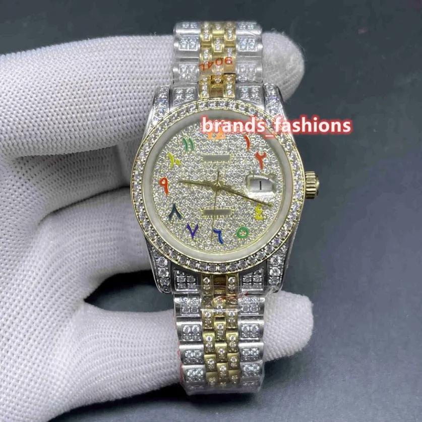 Senaste mäns Iced Diamond Wristwatch Gold Face Color Arabic Scale Bi-Gold Diamonds Strap Watch Full Automatic Mechanical Watches 2269
