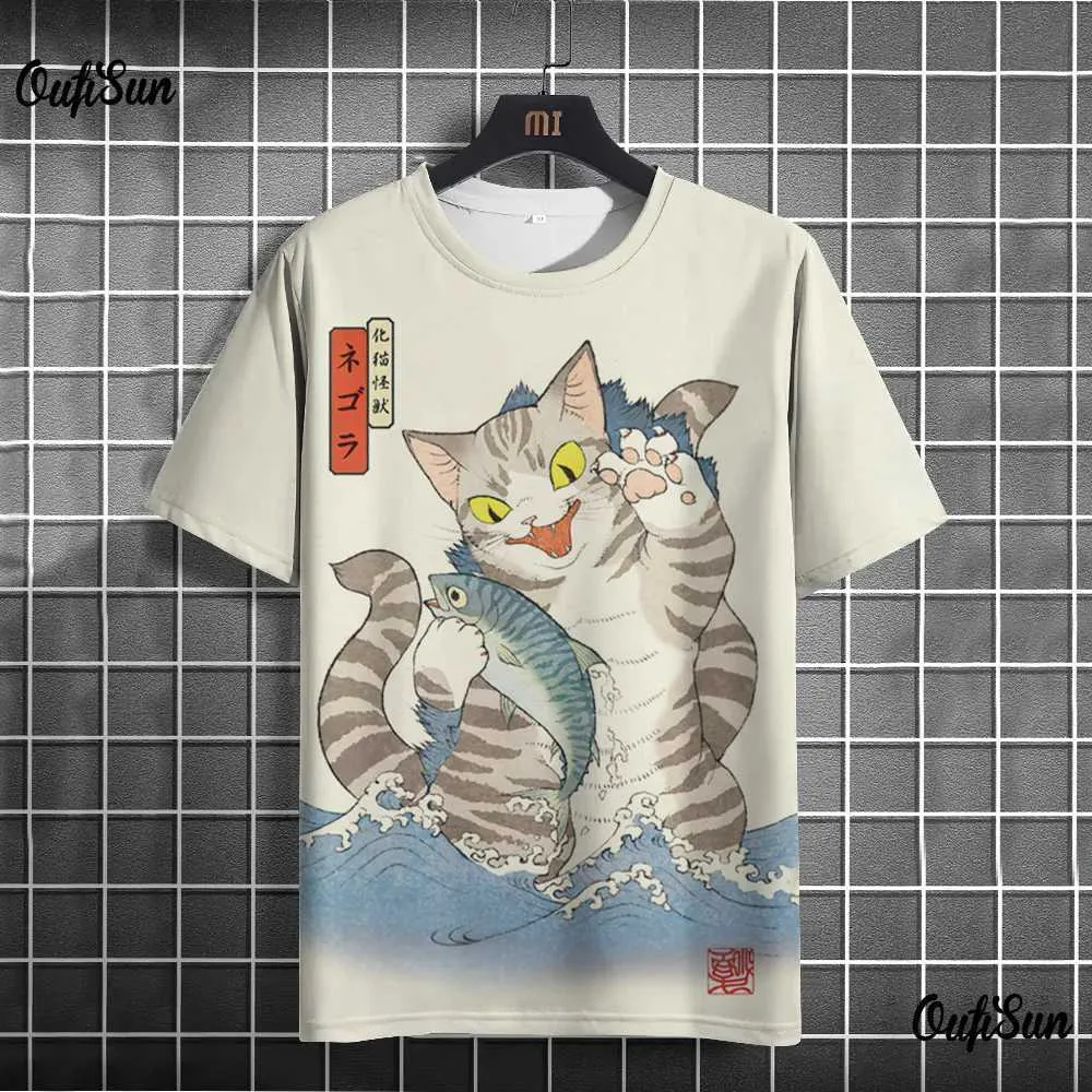 Heren t-shirts Anime Cat T-shirt voor mannen zomer o nek trendy korte slev ts extra grote strtwear casual sweatshirt mannelijke basiskleding tops t240506