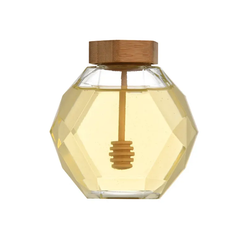 380 ml Diamant Honigglas Aufbewahrung Flaschen Glasflaschen kleiner Flaschenbehältertopf mit Holzstock