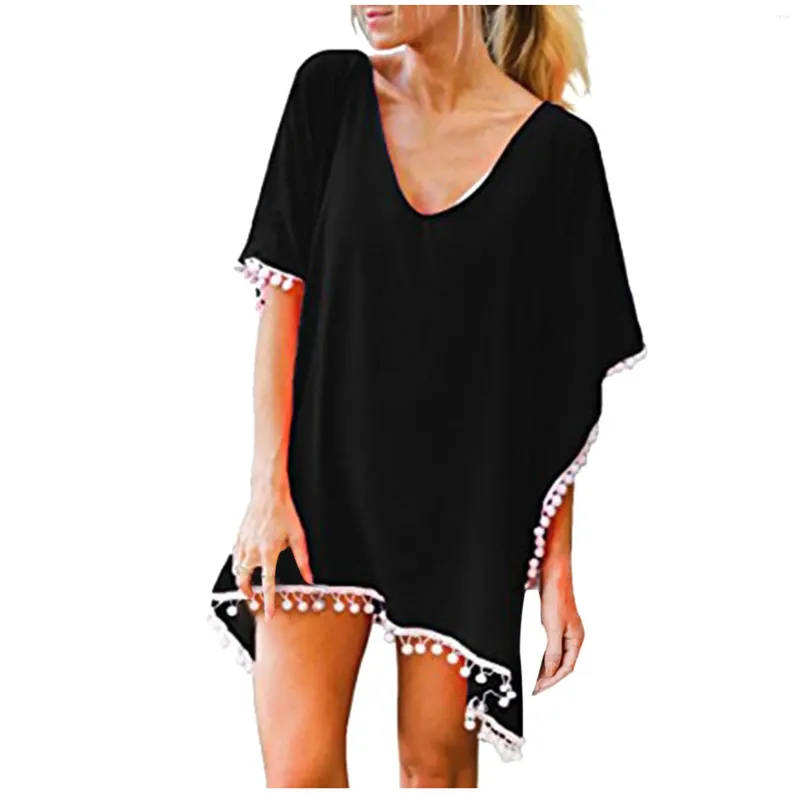 Damesbikini bedekken Tops Trim Kaftan Chiffon Tassels Swimwear Cover-ups Beach Loose Female Summer Beachwear L4