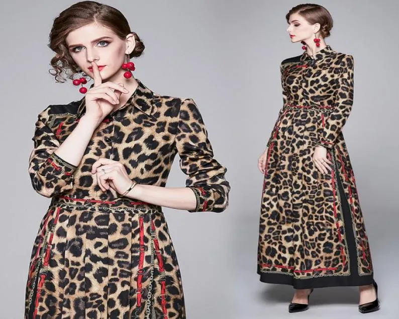 Våren sommarhösten Runway Vintage Leopard Chain Belt Print Collar Long Sleeve Empire midja Kvinnliga damer Casual Party Maxi Dress WH9609904