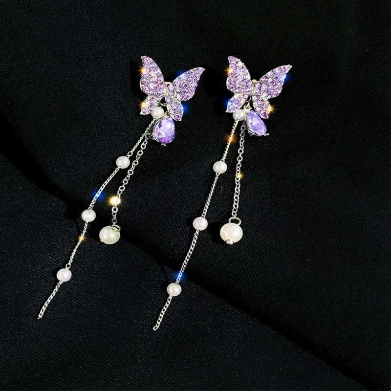 Dangle żyrandol nowy kryształowy fioletowy motyl kolczyki młynowe damskie modne temperament długie kolczyki stadninowe biżuteria