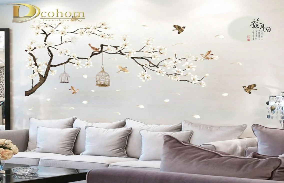 Style chinois blanc magnolia wall autocollant oiseau fleur de fleur mural sticker salon