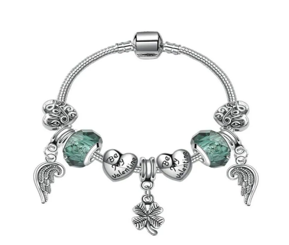 Ny DIY -smycken Charm Armband Angle Wing Four Leaf Pendant Charm Pärlor Tillbehör 925 Silver Bangle for Girl Women Armband1174892