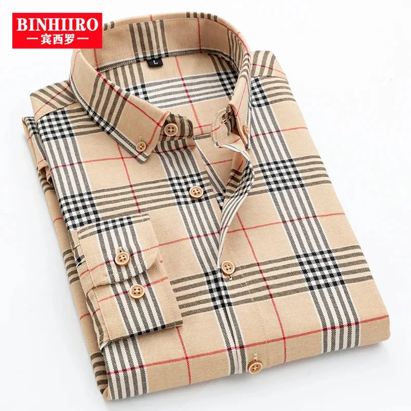 Binhiiro Classic Mens Business Shirt Fashion Slim Fit Plane Pattern Single Pocket Flip Collar Long Sleeved Shirt Spring and Autumn Mensカジュアルシャツ240507