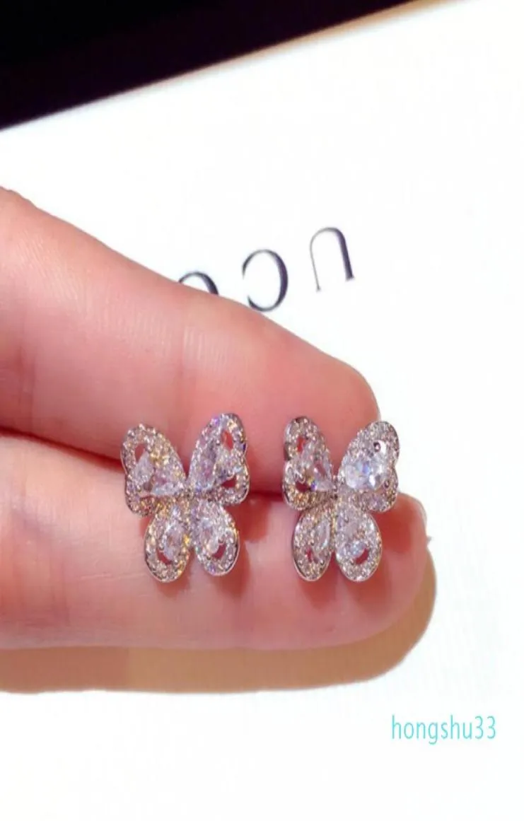 Sparkly Crystal Stud Earrings Butterfly Shape Sterling Silver Cute Unique Stud for women Wedding Bridal Ear Jewelry9411269