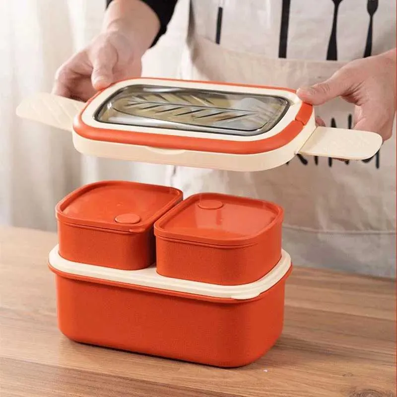 Lunchlådor Väskor 2 Layer Portable Leakproof Snack Lunch Bento Box Kid Student Mikrovågsugn Gaffel Spoon Set Food Storage Container Office