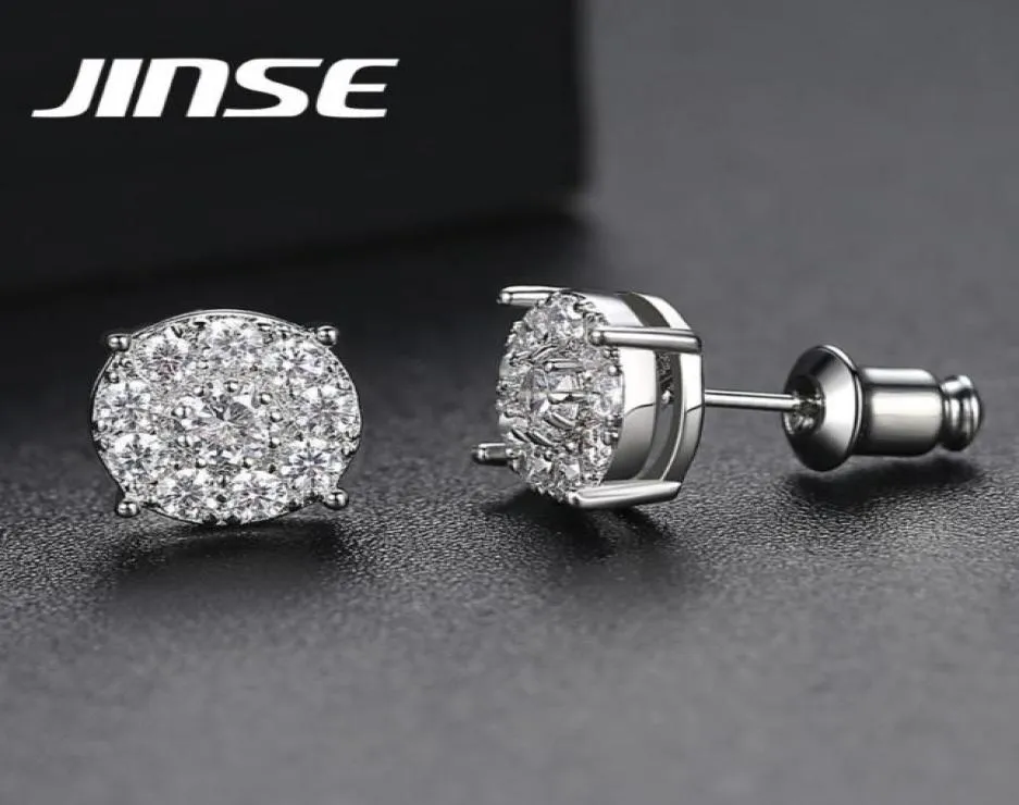 JINSE 10MM Round Black White Zirconia Stud Earrings For Men Gold Color Micro Inlay Crystal Iced Earring Fashion Hip Hop Jewelry8295764