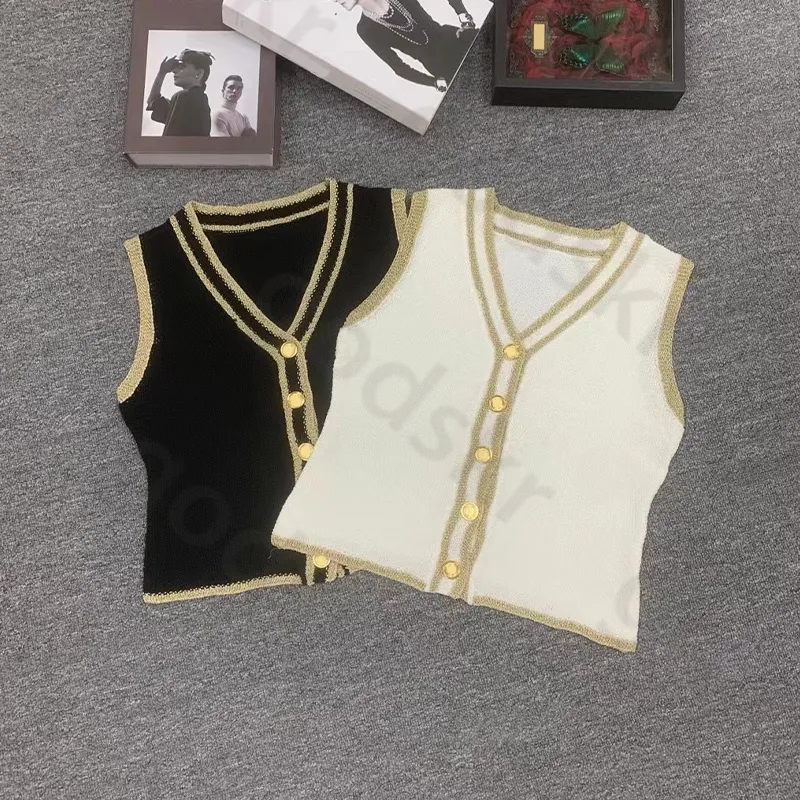Vintage Summer Knitted Waistcoat Women Stylish thin V Neck Gold Buckle Vest Sleeveless Crop Tops