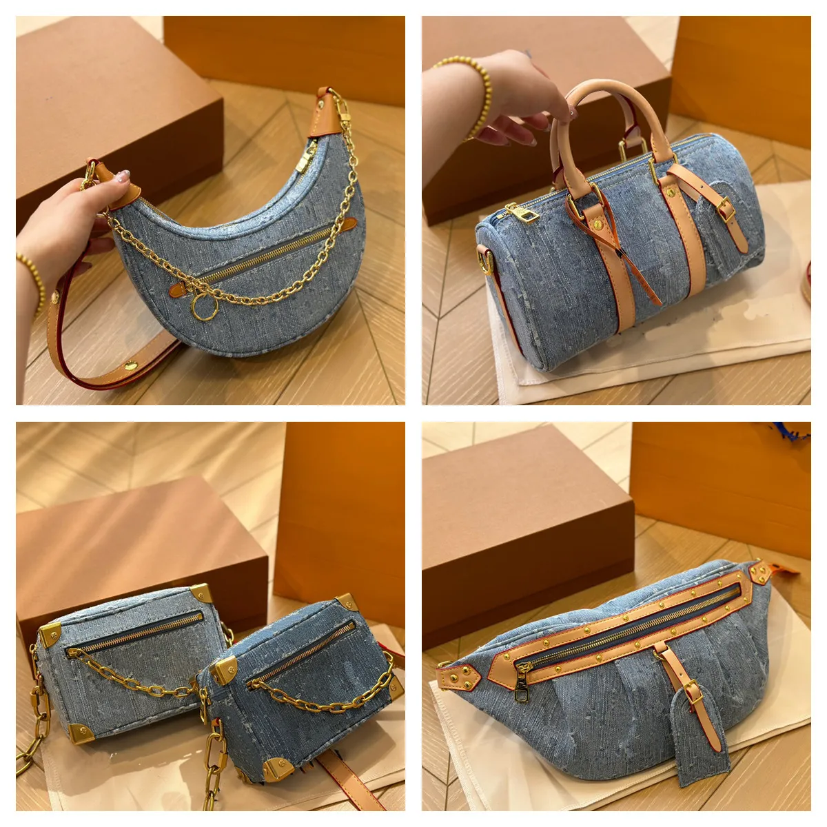 Designer Vintage Denim Bag Women Crossbody Handbags Loop Hobo Shoulder Bags Blue Denim Flower Messenger Purses Axillary Pillow Keep alls Bag Soft Trunk Box Tote Bag