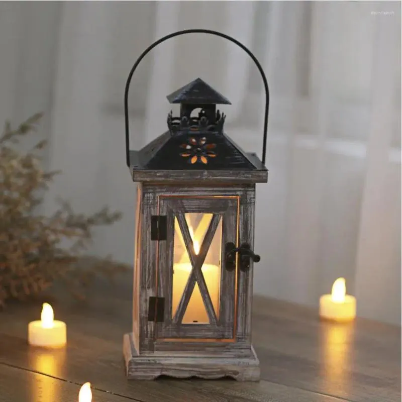 Candle Holders Vintage European Wooden Windproof Holder Retro Elegant Iron Art Candlestick Lantern Home Decoration