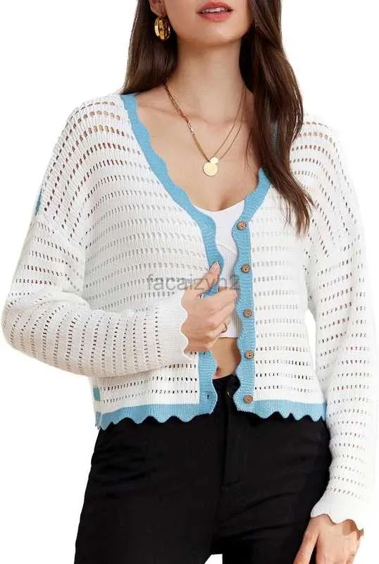 Pankys féminins 2024 Cardigan court cardigan léger Crochet tricot Pull Back Striped Hollow Short Top Robe Fashion Knitwear