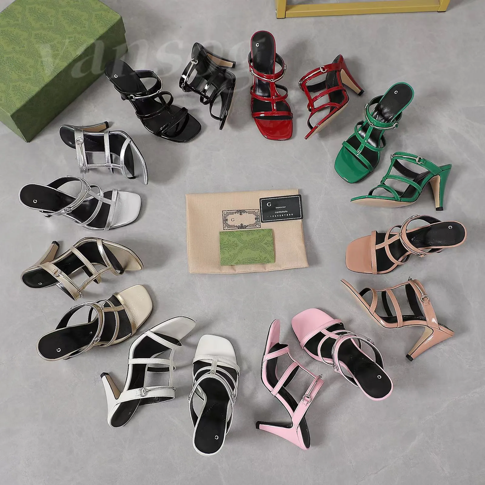 Designer speicherte Zehenabendpartyschuhe Kalb Patent Leder High Heels Slingback Pumps Metall verschönerte Sandalen 9cm Kätzchen Fersen Slingbacks Modes Schuhe