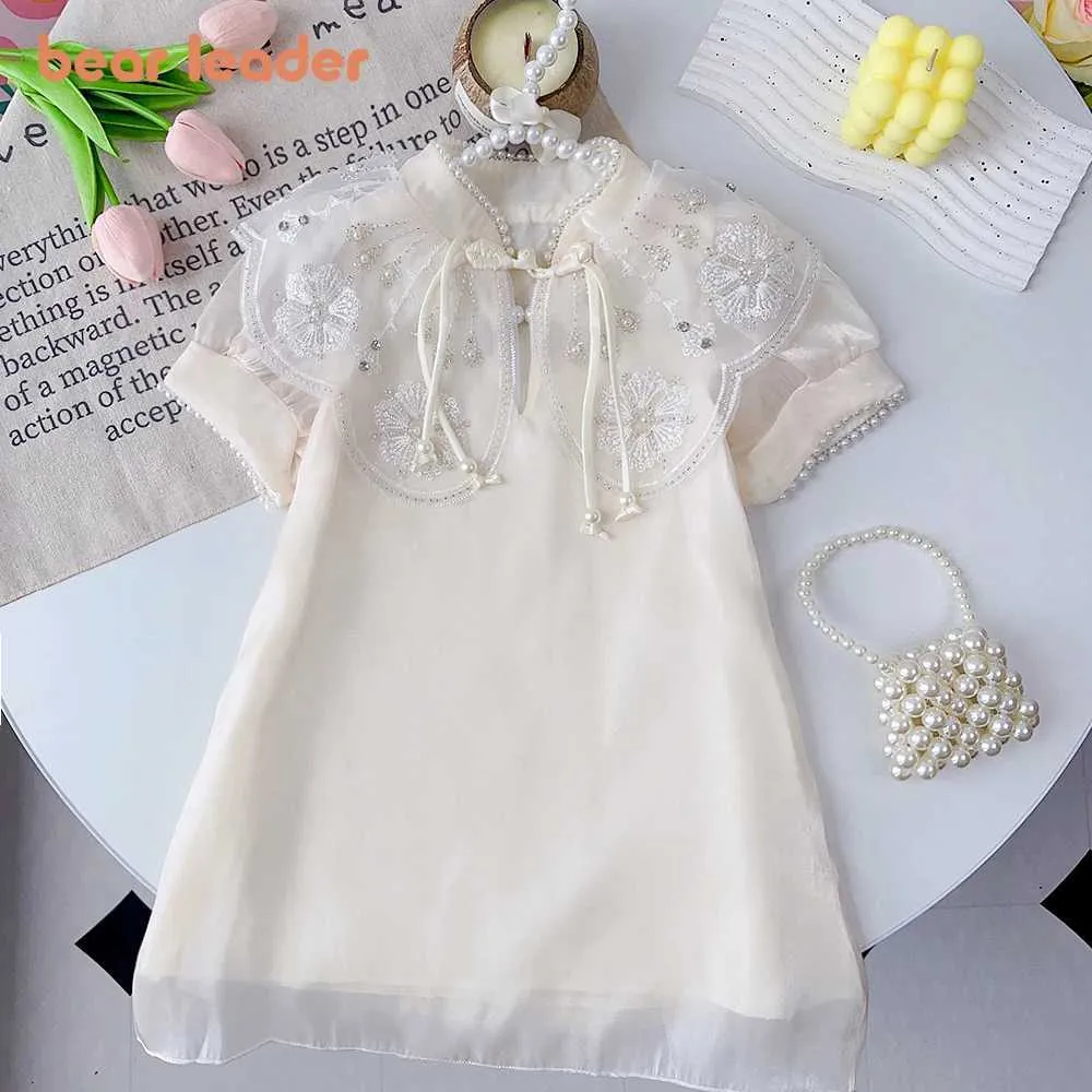 Mädchenkleider Bären Halsband Sommer -Outfit neues Mädchen Chinesisch Cheongsam Net Pearl Sticker Kleider Childrens süße Mode Kurzarm Dressl2405