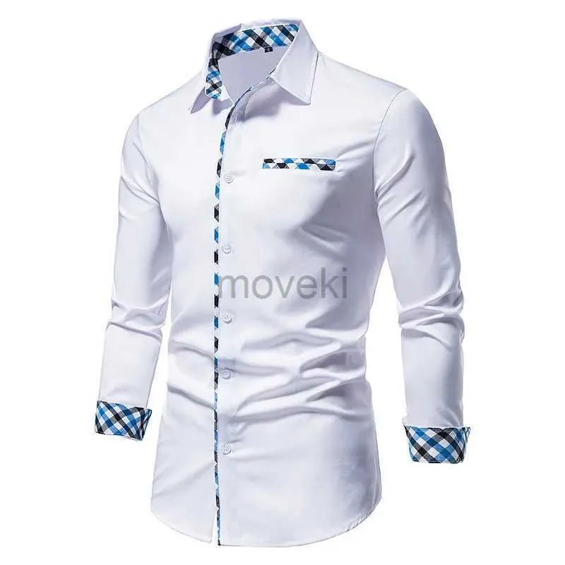 Herrklänningskjortor Nya herrkontrast Casual Button Shirt 2023 Autumn Mens Slim Fit Formell långärmad skjorta D240427