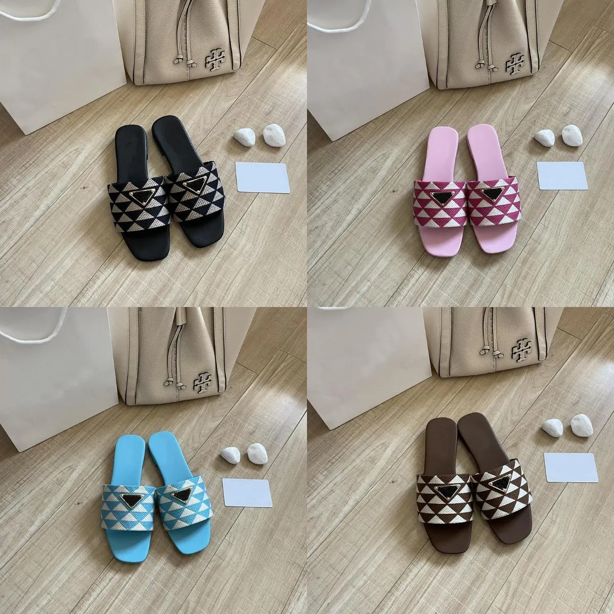 Designer echte driehoek slippers Dazzle dames glijbanen sandalen strepen casual zomer strand platte schoenen slippers borduurwerk dubbele muilezels slippers 2024 nieuwe mode