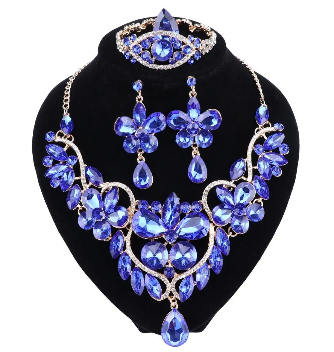 I nuovi orecchini di collana di fiore di strass blu cristallo set per donne set di gioielli da sposa di lusso