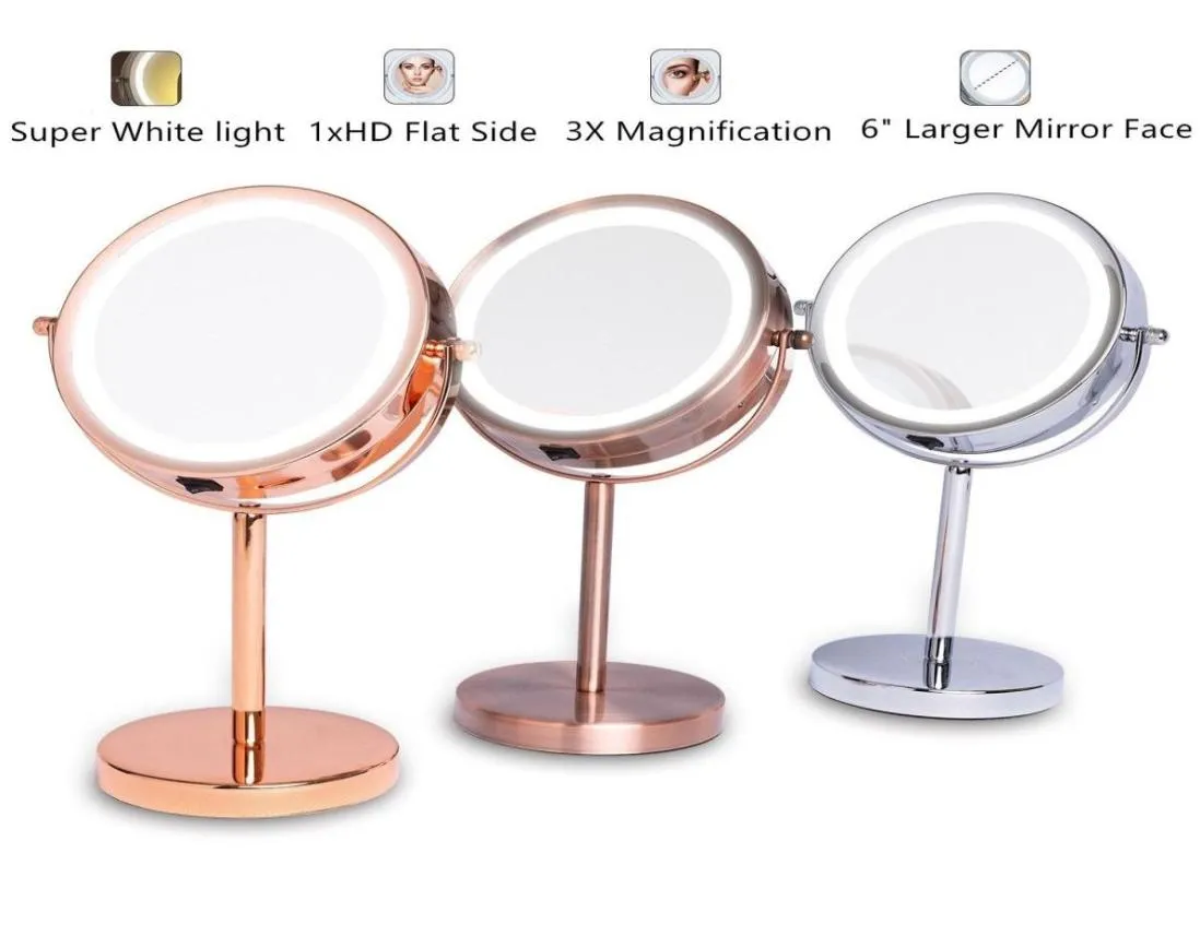 6quot 1X3X Magnifying Double Sided Mirror With Stand 18 LED Lighted Tabletop Makeup Cosmetic Mirror Battery Operated Rosegold B6303029