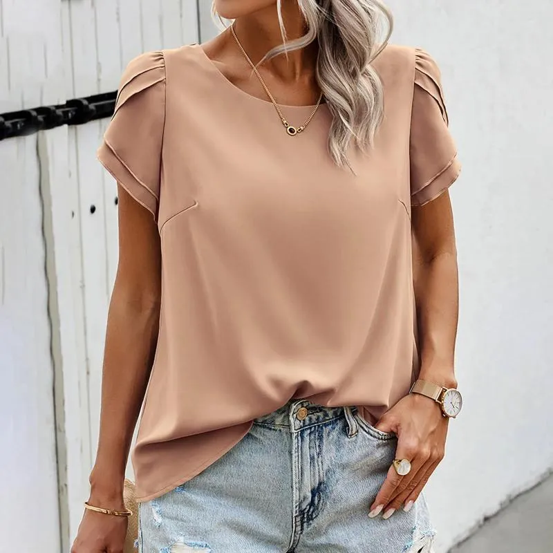 T-shirts pour femmes Femmes Elegant Casual Solid Shirt Summer Fin Loose O Col Ruffle Sleeves Shorts Tops Fashion Ladies Work Bureau Blouses