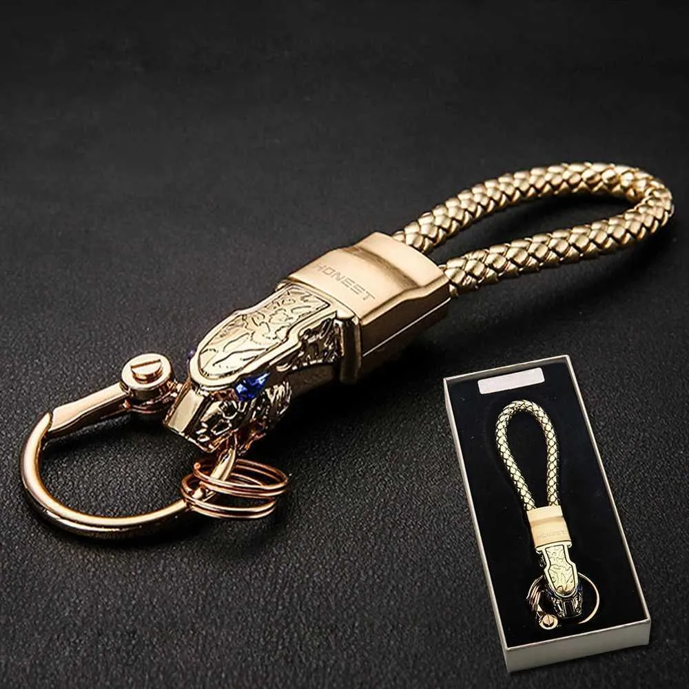 Keychains Lanyards Car Keadchains en boîte de haute qualité Luxury Creative Leopard Head Metal Key Ring Portable Le cuir Cordon Cordon Key Chain J240509