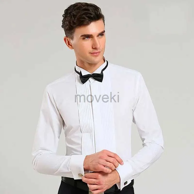 Мужские платья рубашки нового мужского смокинга бизнес -социальная рубашка с длинным рукавом Классический французский сплошной кнопку с твердым цветом плюс размер (включая запонки и галстук -бабочку) D240427