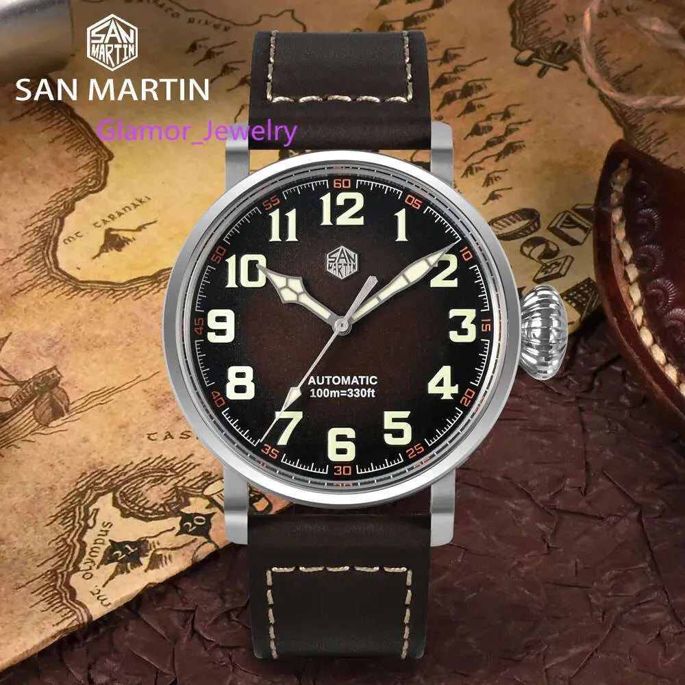 San Martin 44,5 mm män Pilotklocka vintage enkel militär YN55A Automatiska mekaniska klockor Fire Mönster Dial 10bar Diver