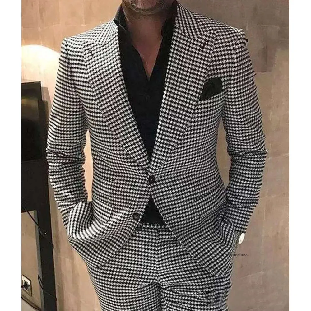 Houndstooth Groom Tuxedos Peak Adpel Wedding Tuxedo Fashion Blazer Hommes Prom Dîner / Darty Suit Veste Pantalon 0509