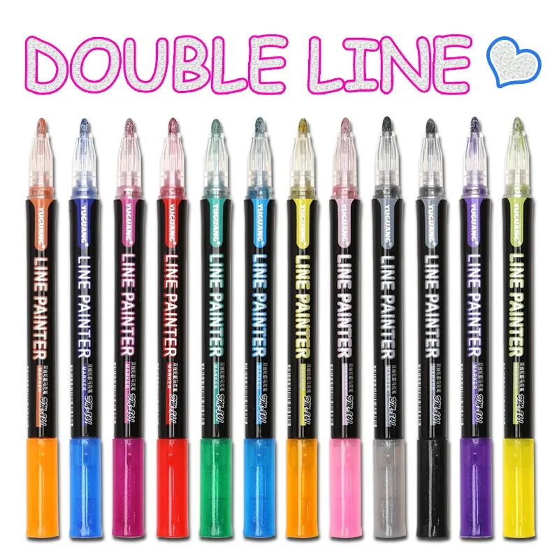 8/12 PCs /conjunto de esboço marcador de tinta caneta linha dupla de caneta Diy álbum Scrapbooking Metal Marker Glitter para desenho Pintura Doodling 240425
