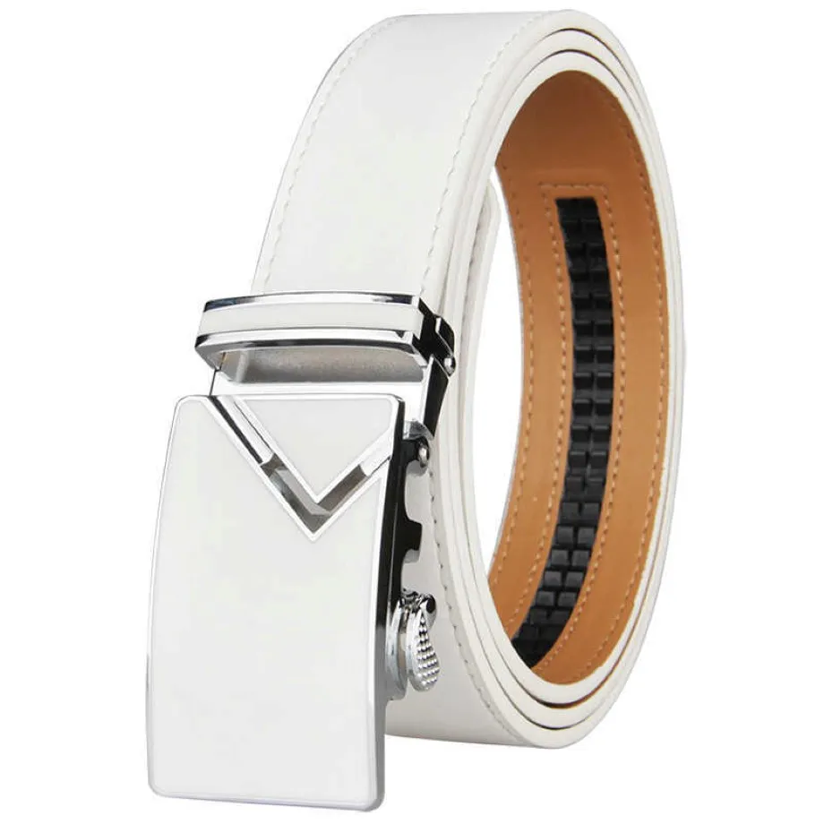 New Fashionable White Men Belts Automatic Alloy Buckle Male Belt Genuine Cowskin Leather Golf Belt Plus Size 130cm X0726 340W
