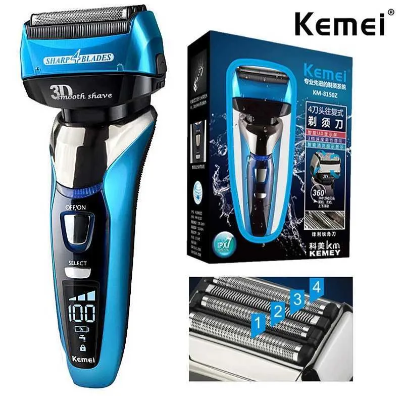 Razors Blades Kemei 8150 Wet Dry Charge à 3 vitesses Electric Haver Mens Facial 4-Blade System Q240508