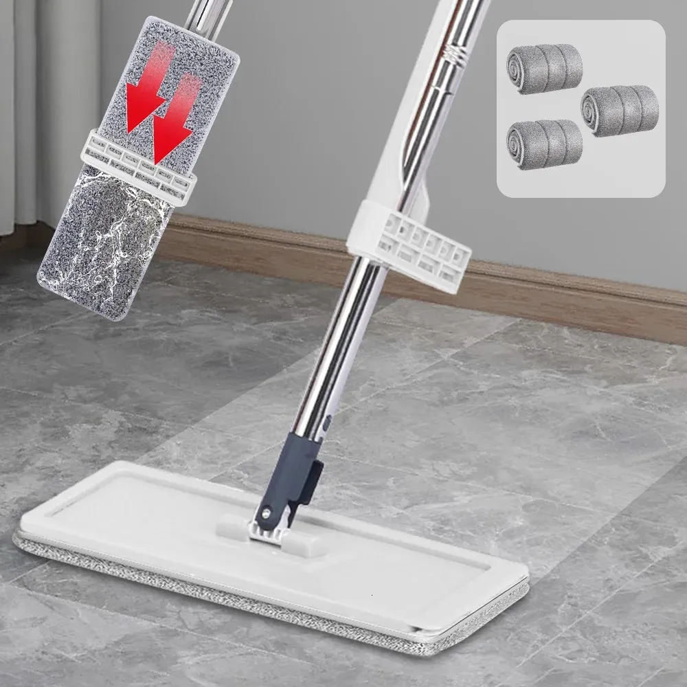 Hands Free Flat Mop Microfiber Floor Squeeze Mop med 2 tvättbara moppkuddar roterar hushållskök Lazy Magic Cleaning Tools 240508