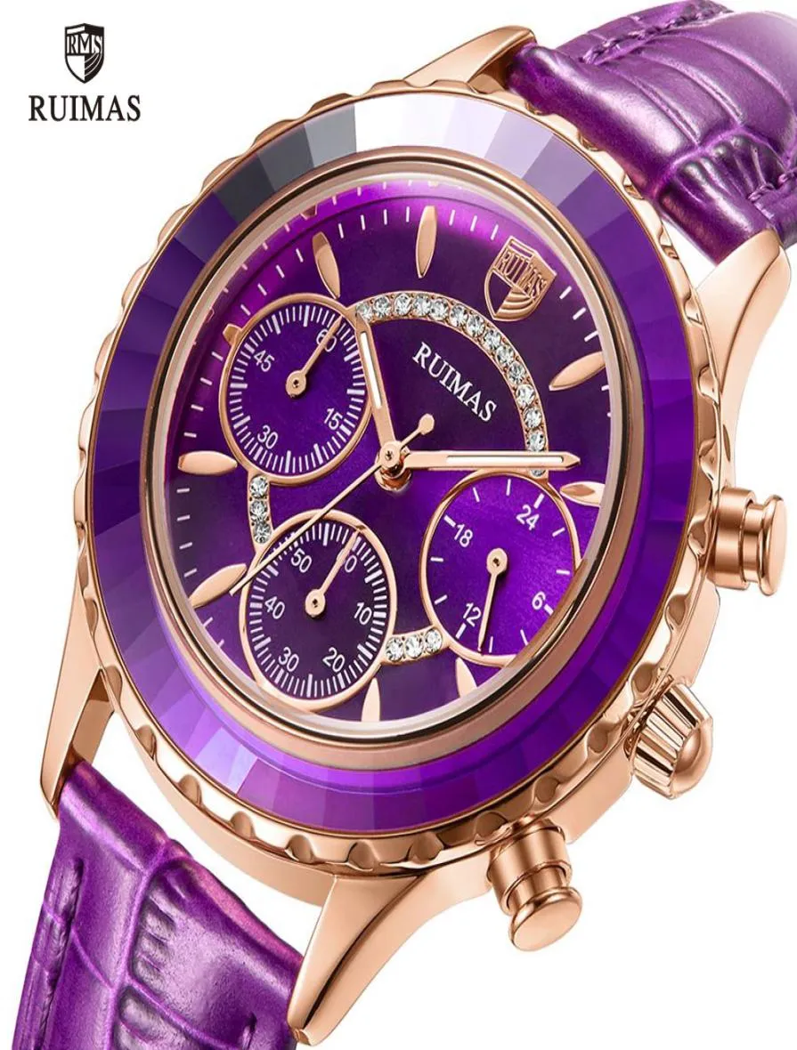 202 Ruimas Colored Watch Женщины роскошные фиолетовые кожаные часы Ladies Fashion Chronograph Нарученные часы Relogio Feminino 5925144663