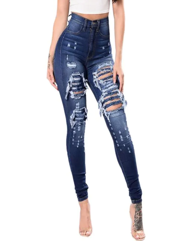 Jean déchiré à taille haute pour pantalon féminin plus taille skinny jean denim petit ami dentelle slim stretch trous pantalon crayon sac8327804