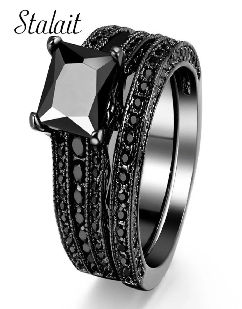 Fashion Big Square Zircon Ring Set Vintage Black Couple Bague Titane Bijoux de bijoux pour femmes Cadeaux d'anniversaire 8070957