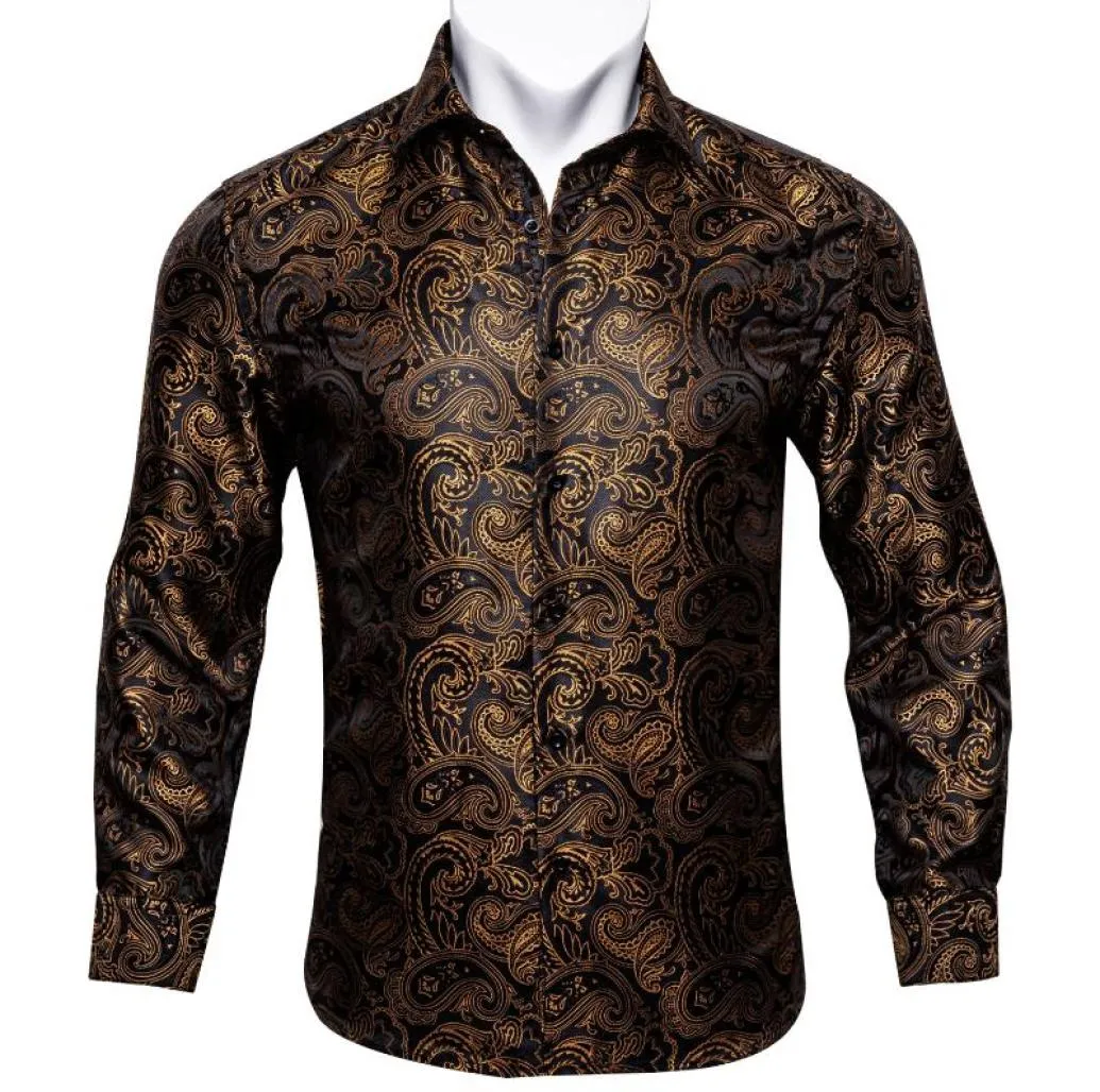 Men039s Dress Shirts BarryWang Gold Paisley Bright Silk Men Autumn Long Sleeve Casual Flower For Designer Fit4290743