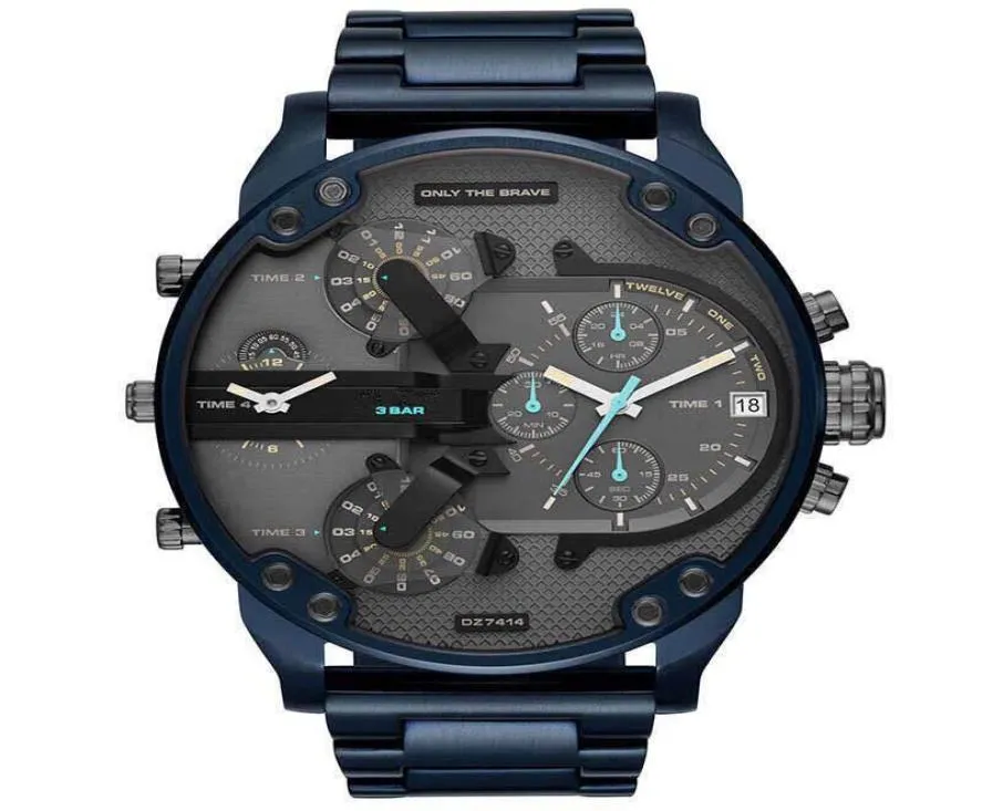 Montre-bracelets Sport DZ Big Dial Men039 Watch Double Machine 7395 Bleu en acier bleu Quartz Quartz Male