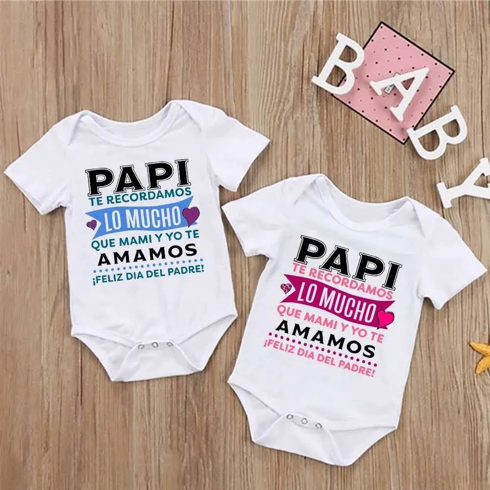 Rompers spagnolo stampato per neonati per bambini salti per neonati a maniche corte neonate bodysuits ragazzi ragazze padri da papà vestiti di compleanno di papà t240509